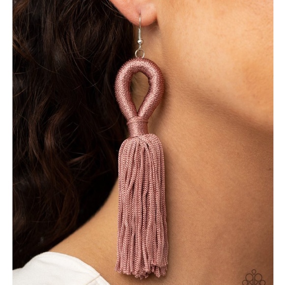 Pink Rose Tan Thread Tassel Earrings - Picture 2 of 2